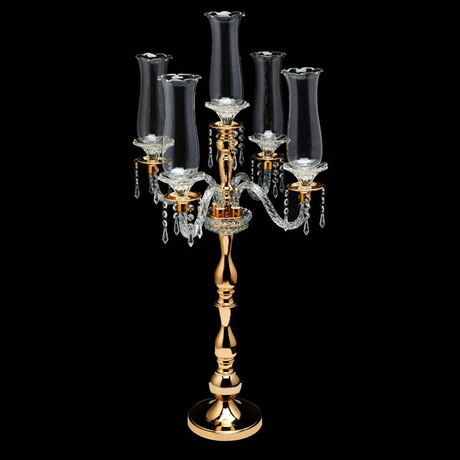 Crystal Candelabra 5 arm Glass Hurricane Globes 39" - Gold