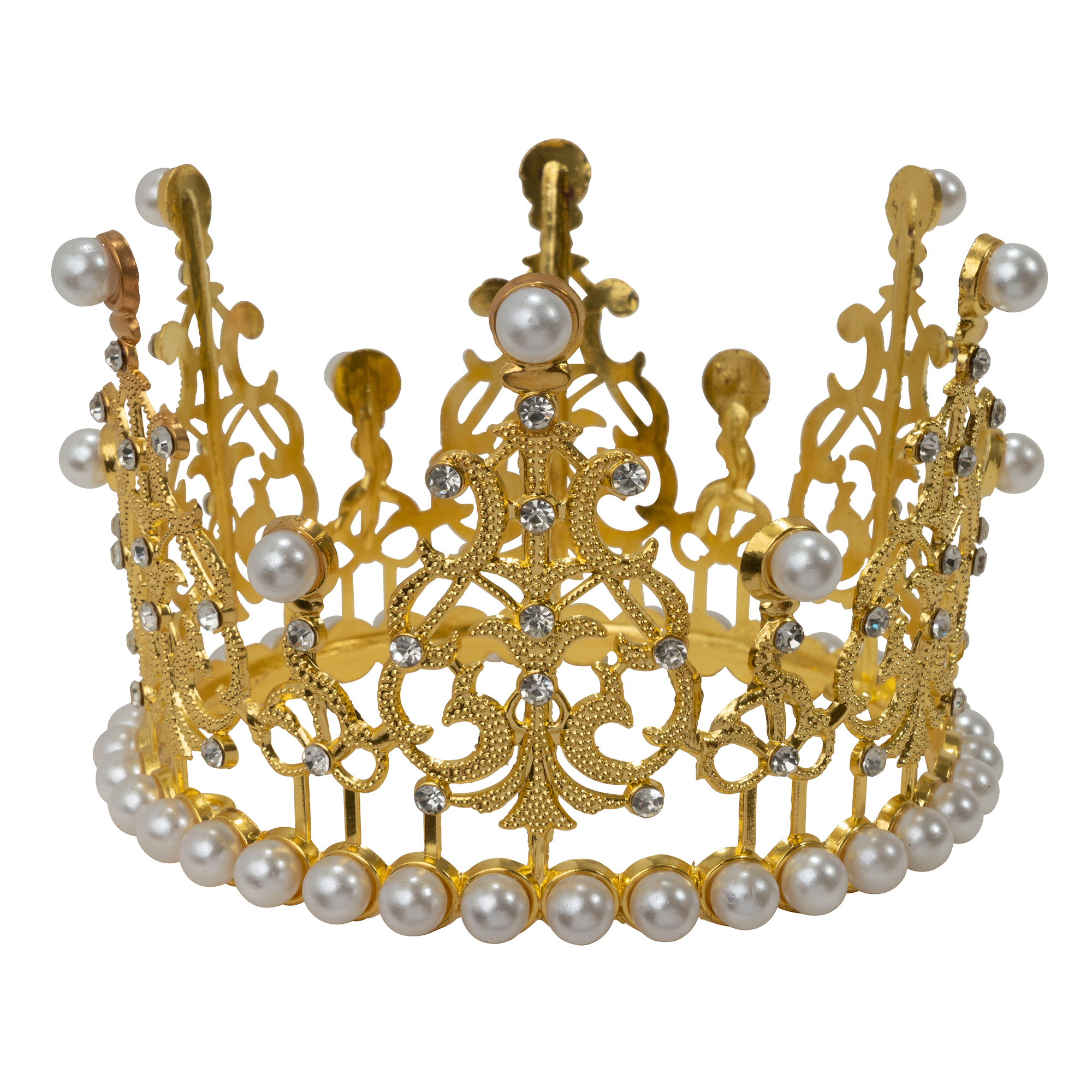 Metal Royal Crown with Rhinestones and Pearls - Gold