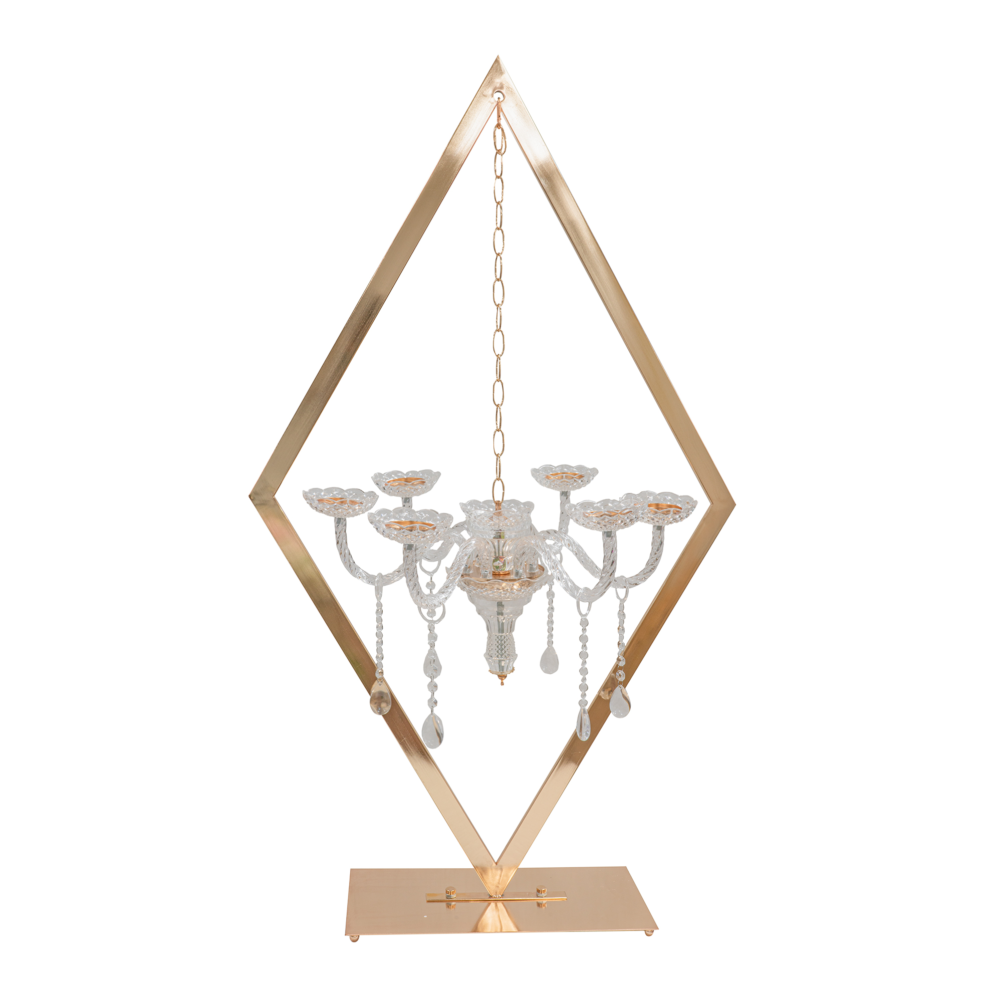 Metal Diamond Shape Centerpiece with Acrylic Candelabra 45" - Gold