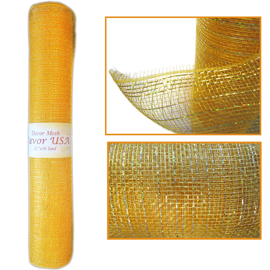 Decorative Poly Mesh Roll with Matching Metallic Stripes - Gold