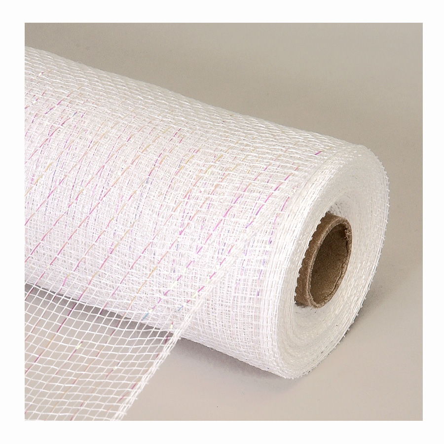 Decorative Poly Mesh Roll with Iridescent Metallic Stripes - White